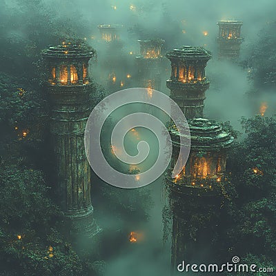 Ancient temple complex with weathered columns, domes, and possibly windows in a dense jungle setting, partially Stock Photo