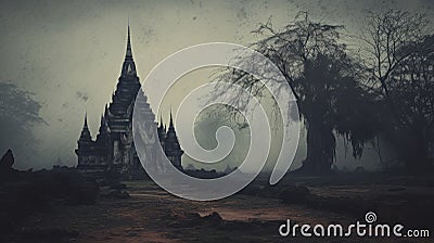 Eerie Polaroid: Ancient Temple In Misty Gothic Thailand Stock Photo