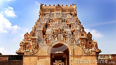 Ancient temple facade of Brihadisvara Temple in Thanjavur, india. Editorial Stock Photo