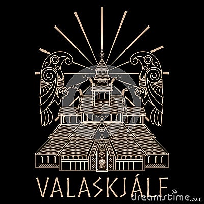 Ancient Temple of the Norse God Odin - Valaskjalf, Odins Halls, and two crows Huginn and Muninn Vector Illustration