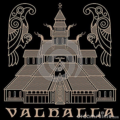 Ancient Temple of the Norse God Odin - Valaskjalf, Odins Halls, and two crows Huginn and Muninn Vector Illustration