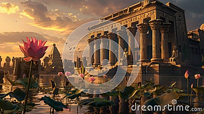 Ancient Temple at Sunset With Lotus Flowers Stock Photo