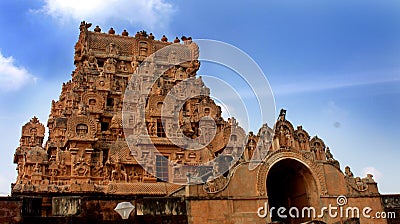 Ancient temple facade of Brihadisvara Temple in Thanjavur, india. Editorial Stock Photo