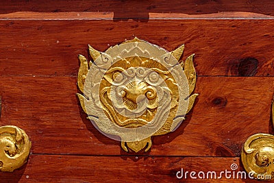 Ancient Thai art golden lion-singha Stock Photo