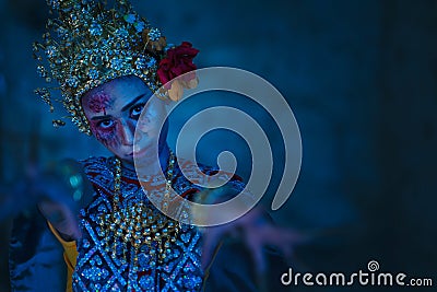 Ancient Thai ghost in traditional costume that appear in History, woman wearing typical Thai dress, Ghost, Halloween woman and Stock Photo