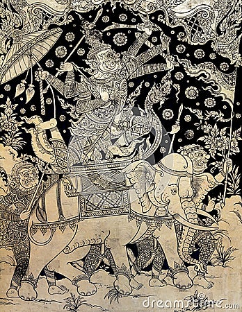 Ancient Thai gold leaf of Ramayana epic Stock Photo