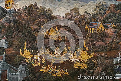 Ancient thai painting Ramayana story. Temple of the Emerald Buddha, 09 Editorial Stock Photo