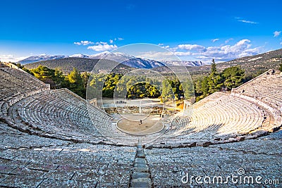 The ancient theater of Epidaurus or `Epidavros`, Argolida prefecture, Peloponnese. Stock Photo
