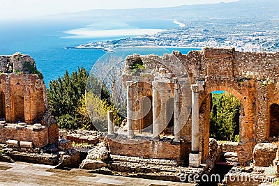 The Ancient theatre of Taormina and Etna Volcano. Landscape Stock Photo
