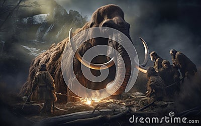 Ancient Thrill Cavemen in Pursuit of Woolly Mammoth. Generative AI Stock Photo