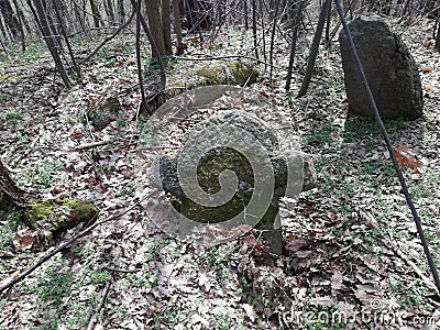 Ancient tombstone with cross in forest Stock Photo