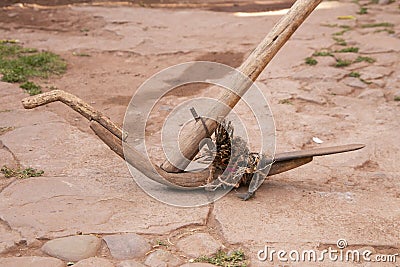 Ancient tool used to work the land in Llachón, Lake Titicaca region in Peru. Stock Photo