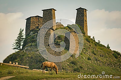 Ancient towers in Omalo in Georgia. Small village in huge mountains. Stock Photo