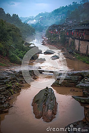 Ancient Town in the Rain Stock Photo