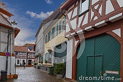 Ancient town Seligenstadt, Germany. Street of the old city. Colorful half-timbered houses Editorial Stock Photo