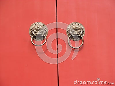 An ancient traditional Chinese red temple door Stock Photo