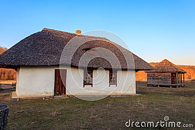 Ancient traditional ukrainian rural clay house in authentic Cossack farm in Stetsivka village in Ð¡herkasy region, Ukraine Stock Photo