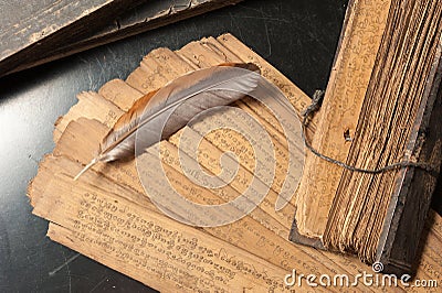 Ancient Treatise with bird feather Stock Photo