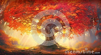 Ancient tree with a fiery orange and red leaves, sunbeams filter through the mist, creating a warm, glowing ambiance Stock Photo