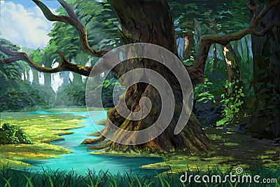 An Ancient Tree in the Forest by the Riverside. Stock Photo