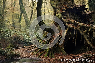 ancient twisted tree trunk in dense woods Stock Photo