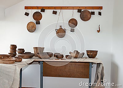 Ancient Ukrainian traditional kitchen utensils Stock Photo