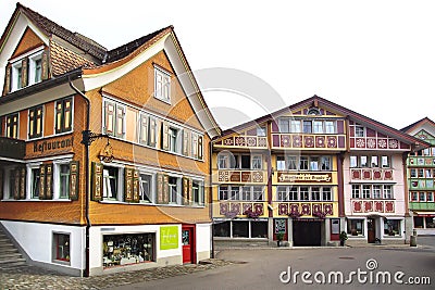 Ancient unique colourful house in historic medieval old town. Appenzell is well-known for its colourful houses with painted facade Editorial Stock Photo