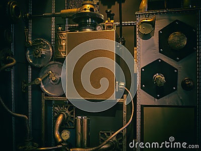 An ancient vintage wall with mechanisms in the steampunk style. Stock Photo