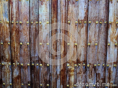 Ancient vintage wooden door with metal decorations Stock Photo