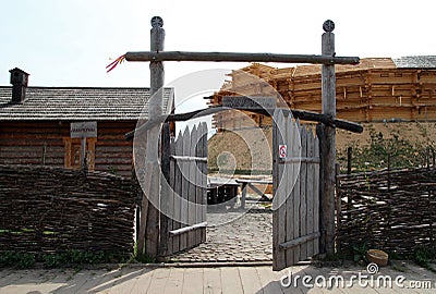 Ancient vintage wooden house and gate in the old mediaeval fort Editorial Stock Photo