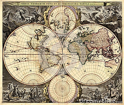 Ancient Vintage World Map golden amber coffee quality prime superior mappa mundo world continents poster Editorial Stock Photo