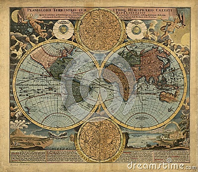 Ancient Vintage World Map golden amber coffee quality prime superior mappa mundo world continents poster Editorial Stock Photo