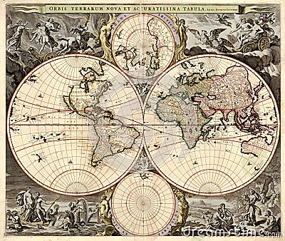 Ancient Vintage World Map golden amber coffee quality prime superior mappa mundo world continents poster cartography geography Editorial Stock Photo