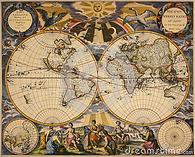 Ancient Vintage World Map golden amber coffee quality prime superior mappa mundo world continents poster cartography geography Stock Photo