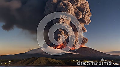 Ancient volcano eruption with giant ash cloud and burst of molten lava, volcano eruption with massive high bursts of lava and hot Stock Photo