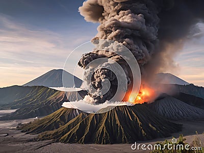 Ancient volcano eruption with giant ash cloud and burst of molten lava, volcano eruption with massive high bursts of lava and hot Stock Photo