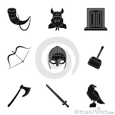 Ancient warriors of the Vikings on the ship. Outfit and symbols of the Vikings.Vikings icon in set collection on black Vector Illustration