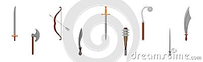 Ancient Weapon with Sword, Ball-and-chain Flail, Saber, and Bow with Arrow Vector Set Vector Illustration