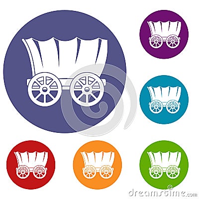 Ancient western covered wagon icons set Vector Illustration