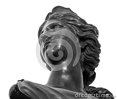 Ancient white marble sculpture head of young woman. Statue of sensual renaissance art era woman antique style. Face Editorial Stock Photo