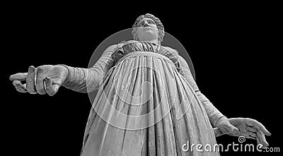 Ancient white marble sculpture of Melpomene muse of tragedy. Statue of sensual classic art isolated on black background Stock Photo