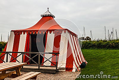 Ancient white-red tarpaulin tent in Muiderslot castle. Holland. Stock Photo