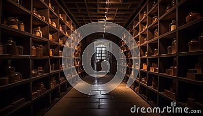 Ancient wine bottles on old bookshelf in cellar generated by AI Stock Photo