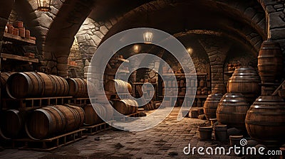 Ancient wine cellar with lots of old wooden barrels on each side created with Generative AI Stock Photo