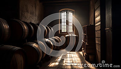Ancient winery stores old fashioned whiskey in rustic underground cellar generated by AI Stock Photo