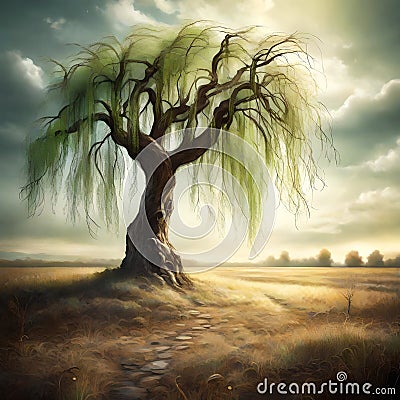 Ancient Wisdom: Illustration of an Old, Weathered Tree Cartoon Illustration