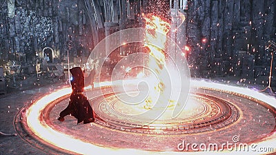 The ancient wizard is training to create new spells for combat magic. 3D Rendering. Stock Photo