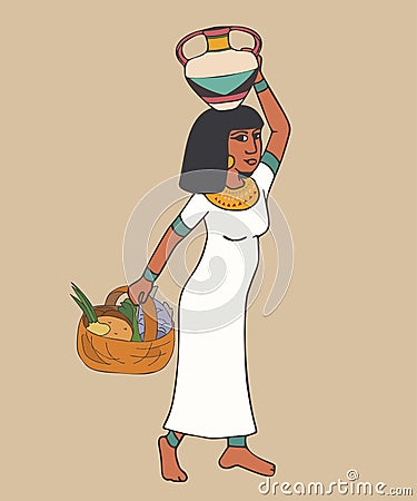 Ancient woman portrait with food basket and jug cartoon Vector Illustration