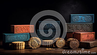 Ancient wood stack, antique souvenir collection, ornate decoration design generated by AI Stock Photo
