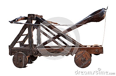 Ancient wooden catapult isolated on white Stock Photo